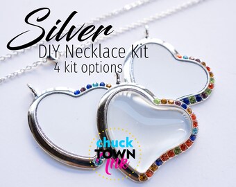 Charmed Heart Pendant SILVER MULTICOLORED DIY Jewelry Kit Sublimation Blank Collar Memory Photo Bezel Bandeja Rhinestone Rainbow