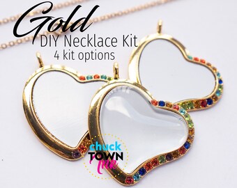 Charmed Heart Pendant GOLD MULTICOLORED DIY Jewelry Kit Sublimation Blank Necklace Memory Photo Bezel Bandeja Rhinestone Rainbow