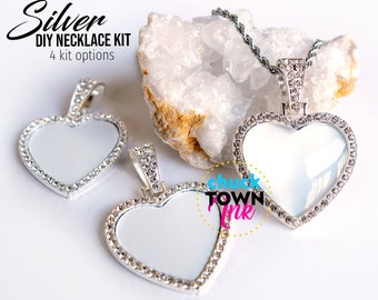 Silver GRANDE HEART Shaped Rhinestone Pendant Jewelry Necklace Kit with Cabochon and Rope Chain Wholesale supplies DIY Bezel