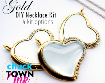 Sublimación joyería en blanco CHARMED CORAZÓN ORO Rhinestone corazón encanto collar suministros al por mayor diy joyería bandeja colgante regalo para ella