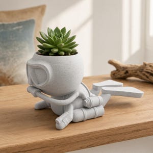 May include: A light gray speckled planter shaped like a scuba diver lying in a prone position. The diver wears a mask and oxygen tank, with a green succulent plant growing out of the head area, which serves as the main container for the plant.