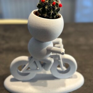 May include: White ceramic planter shaped like a person riding a bicycle with a small cactus plant in a pot on its head.