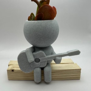 Puede incluir: Un macetero de cerámica gris con forma de persona tocando la guitarra, con una planta suculenta creciendo en su interior. El macetero está sentado sobre una superficie de madera.
