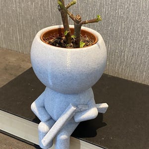 May include: A white ceramic planter shaped like a person sitting with a plant growing out of the top of its head. The planter is sitting on a black book.
