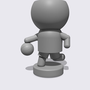 May include: A gray 3D cartoon figure of a person holding a basketball, standing on a gray platform.