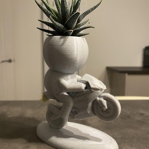 Pode incluir: Um vaso de planta cinza impresso em 3D com a forma de uma pessoa a andar de moto. O vaso tem uma cabeça redonda com uma planta suculenta a crescer no seu interior.