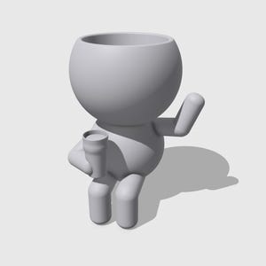 Pode incluir: Um personagem de desenho animado branco em 3D com uma cabeça grande e uma xícara na mão. O personagem está sentado com uma perna levantada e o outro braço levantado no ar.