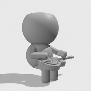 Könnte beinhalten: Ein grauer 3D-Cartoon-Charakter spielt eine graue Gitarre mit einem kreisförmigen Design.