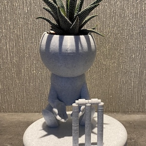 Könnte beinhalten: Ein weißer 3D-gedruckter Pflanztopf in Form einer Person, die ein Set Cricket-Wickets hält. Der Topf hat einen runden Kopf und hält die Wickets vor sich. Der Topf steht auf einem runden Sockel. Eine grüne Sukkulente wächst im Topf.