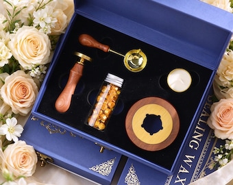 Personalized Blue Kraft Wedding Wax Seal Stamp Kit, Custom Monogram Seal Stamp for Wedding Invites, Envelope Sealing, Favor Tags