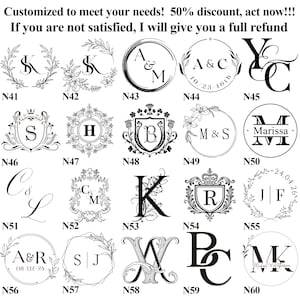 Könnte beinhalten: Eine Sammlung von Monogramm-Designs in Schwarz und Weiß. Die Designs zeigen Initialen in Kränzen, Wappen und kreisförmigen Rahmen. Der Text oben lautet: "Customized to meet your needs! 50% discount, act now!!!"