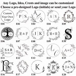 May include: A selection of custom logo designs, featuring initials and crests, arranged in a grid. The logos are presented in circular and decorative frames, with options for bespoke designs. The text at the top states, "Any Logo, Idea, Crests and image can be customized."