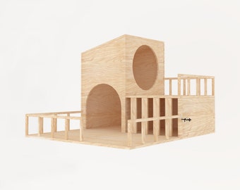 Slanted Roof Rabbit House With Porch and Feeder 2 Openings Shelter Hideout Hideaway Hutch Small Animal Exercise Playhouse Toy Play House Toy