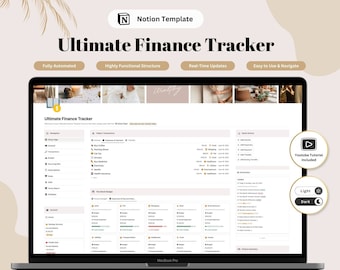 May include: A laptop computer displaying a Notion template for an Ultimate Finance Tracker. The template features a light mode and dark mode option, a YouTube tutorial, and a detailed breakdown of income and expenses.