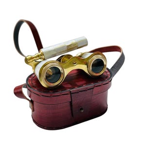 Brass Opera Glasses: Mother of Pearl Inlay, Extendable Handle, Leather Case
