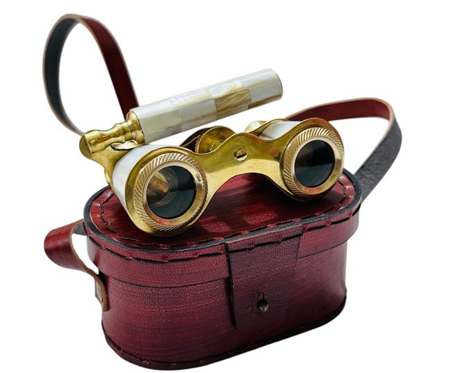 Brass Opera Glasses: Mother of Pearl Inlay, Extendable Handle, Leather Case