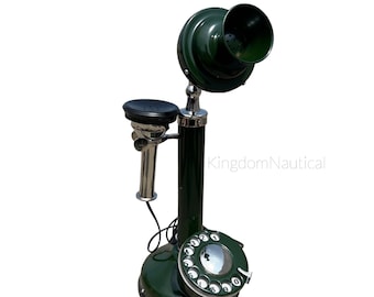 Vintage Green Candlestick Telephone | Antique Style Rotary Dial Phone | Retro Home Décor