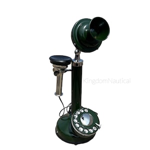 Brass Candlestick Telephone: Dark Green Dial, Working Decor