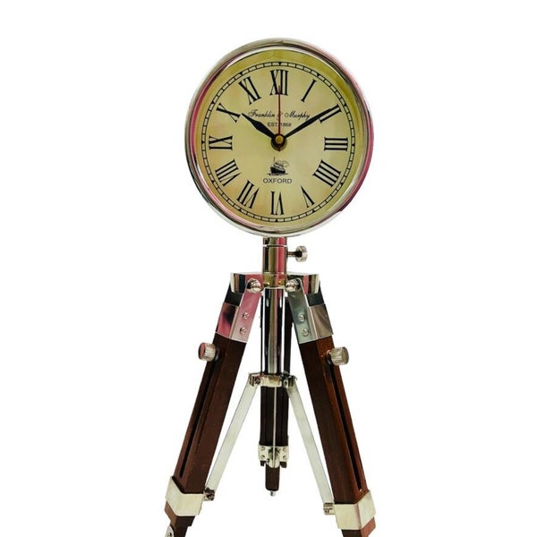 Horloge de bureau finition chromée avec trépied en bois réglable fabriquée à la main pour décoration de maison et de bureau