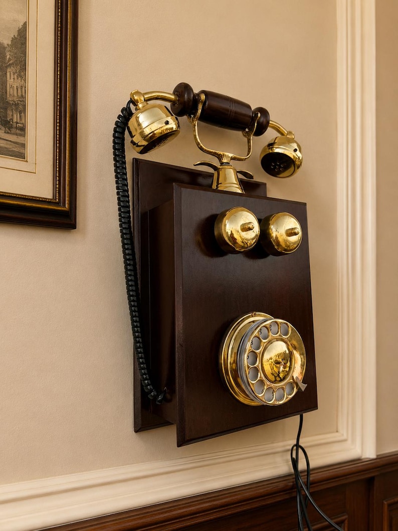 Puede incluir: Un tel&eacute;fono antiguo montado en la pared con un gabinete de madera oscura y detalles de lat&oacute;n. El tel&eacute;fono tiene un dial giratorio, dos campanas de lat&oacute;n y un cable de auricular negro en espiral. El dise&ntilde;o es reminiscente de la tecnolog&iacute;a de principios del siglo XX.