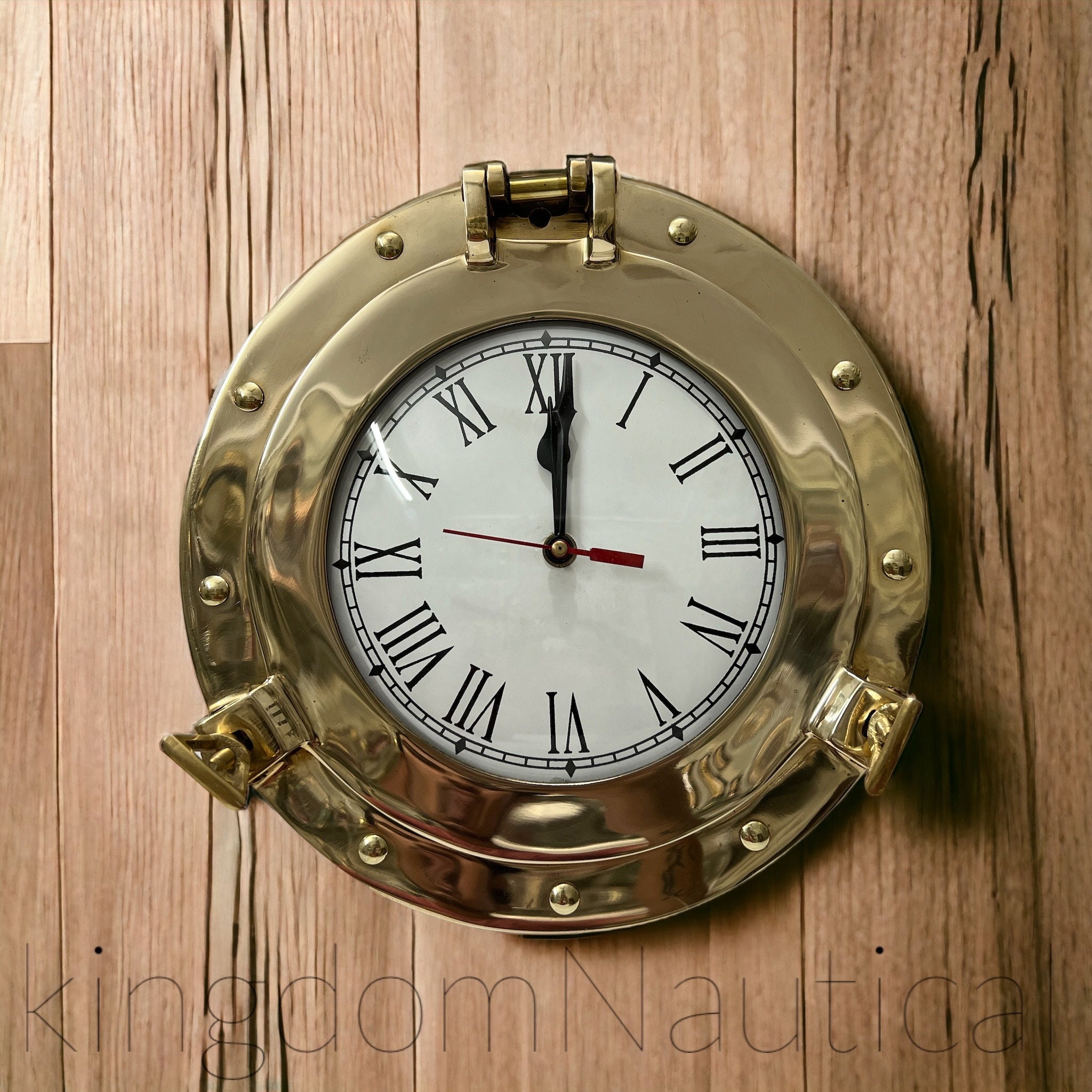 Vintage 1980s Quartz Nautical Porthole Hanging Clock. Wood And Brass