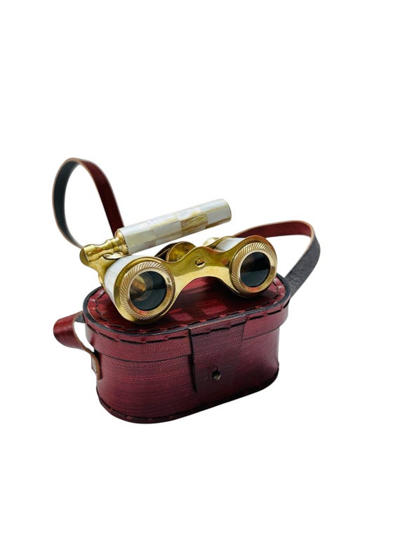 Jumelles De Théâtre Anciennes En Laiton Et Nacre - Avec étui En Cuir - Grossissement 3x