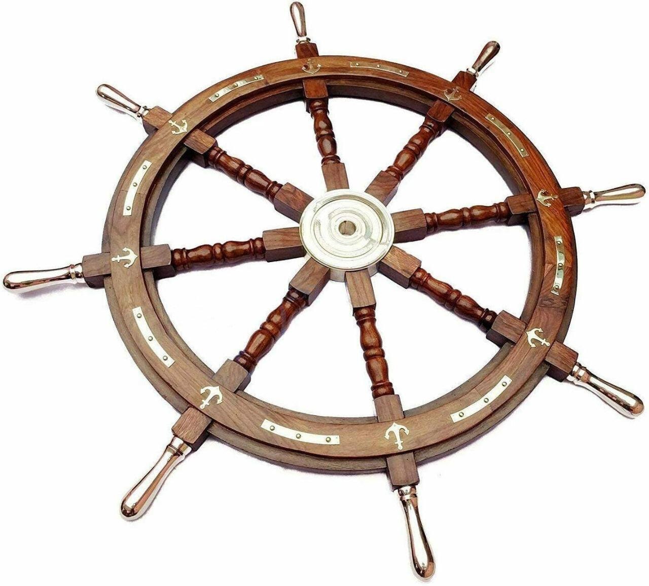 36" Antique Nautical Wooden Steering Ship Wheel Brass Anchor Captain Ship Decor 