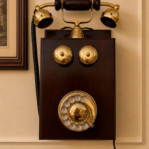 Puede incluir: Un tel&eacute;fono de pared vintage con una caja de madera oscura y detalles de lat&oacute;n. El tel&eacute;fono tiene un dial giratorio, dos campanas de lat&oacute;n y un auricular con un mango de madera. Una pieza cl&aacute;sica de tecnolog&iacute;a de comunicaci&oacute;n.