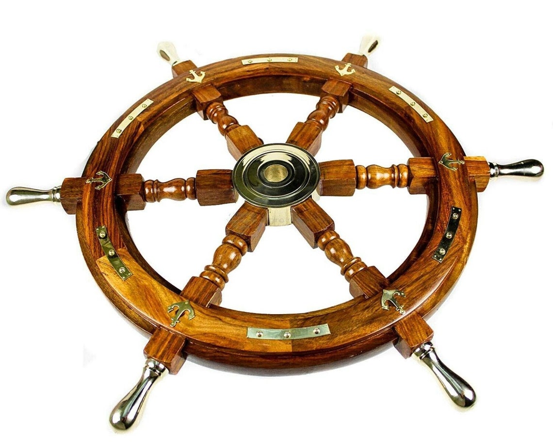 Nautical Antique Wooden Ship Steering Wheel Decor Brass Handle Etsy