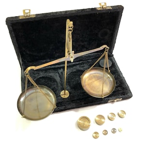 Nautical Brass Jewellery Balance Scale with Velvet Box & Complete Weight