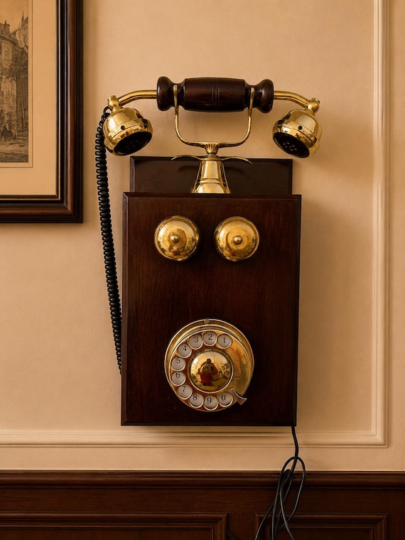Vintage Wall-Mounted Rotary Telephone – Antique Style Wooden & Brass Phone – Retro Home Decor – Classic Victorian Inspired Landline