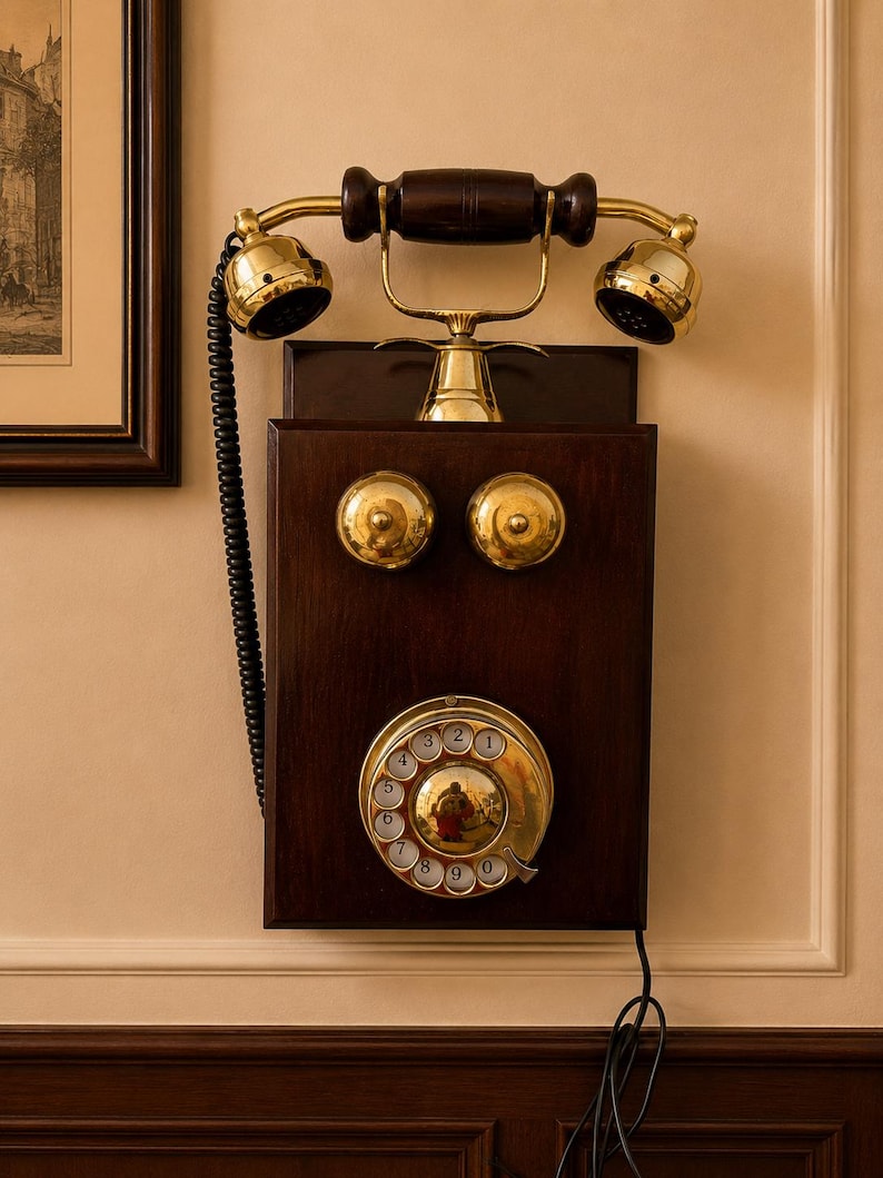 Puede incluir: Un tel&eacute;fono antiguo de pared con una caja de madera oscura y detalles de lat&oacute;n. El tel&eacute;fono tiene un dial giratorio, dos campanas de lat&oacute;n y un auricular de lat&oacute;n. El dise&ntilde;o es reminiscente de los primeros tel&eacute;fonos del siglo XX.