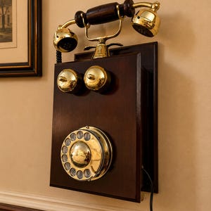 Puede incluir: Un tel&eacute;fono de pared antiguo con un marco de madera oscura y detalles de lat&oacute;n. El tel&eacute;fono tiene un dial giratorio, dos timbres de lat&oacute;n y un auricular con mango de madera. El dise&ntilde;o es reminiscente de la tecnolog&iacute;a de principios del siglo XX.