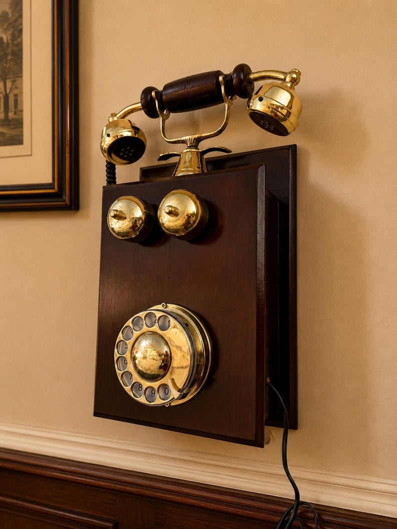 Puede incluir: Un tel&eacute;fono de pared antiguo con un marco de madera oscura y detalles de lat&oacute;n. El tel&eacute;fono tiene un dial giratorio, dos timbres de lat&oacute;n y un auricular con mango de madera. El dise&ntilde;o es reminiscente de la tecnolog&iacute;a de principios del siglo XX.