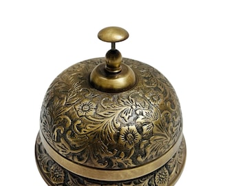 Antique Style Brass Service Bell, Hand Engraved Floral Desk Bell, Hotel Counter Decor