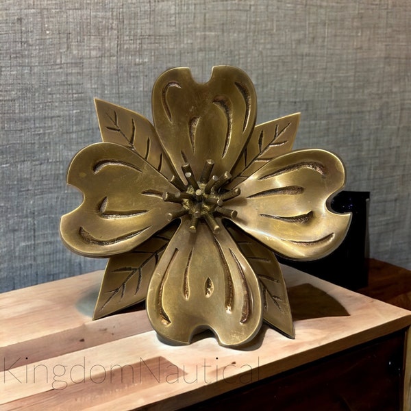 Heavy Brass Flower Sculpture • Mid-Century Modern Floral Decor • Solid Brass Art Accent