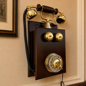 Puede incluir: Un tel&eacute;fono antiguo montado en la pared con una base de madera oscura y detalles dorados. El dial rotatorio y el auricular son caracter&iacute;sticas destacadas. El tel&eacute;fono est&aacute; montado en una pared beige, lo que sugiere una est&eacute;tica vintage.