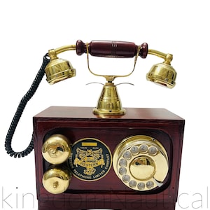 Retro Wooden Landline Telephone: Brass Dial, Home Decor