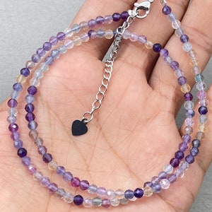 Fluorite Necklace, Faceted Purple Beaded Minimalist Choker, Tiny Fluorite Beads Jewelry Gift for Women