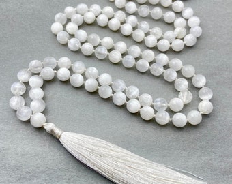 Selenite 108 Bead Mala Necklace: Healing Tassel, Spiritual Protection