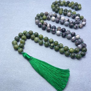 Green Jade & Zebra Jasper Mala Beads Necklace - 108 Prayer Knotted Energy Balance And Healing Meditation Tassel Jewelry
