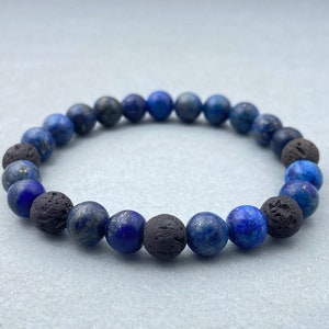 Lapis Lazuli Bracelet | Black Lava Beaded Essential Oils Bracelet, Buddhist Birthstone Gift for Him