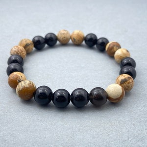Black Onyx & Picture Jasper Beaded Bracelet, Essential Oils Diffuser, Buddhist Gift for Him, Best Friend Bracelet