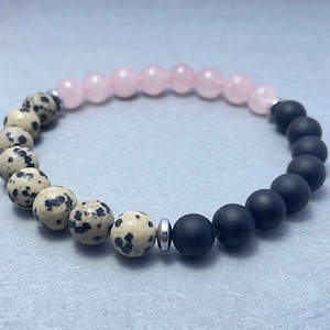 Black Onyx, Dalmatian Jasper & Rose Quartz Beaded Bracelet: Healing Gemstone Jewelry