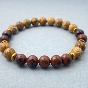 Mahogany Obsidian & Picture Jasper Beaded Bracelet for Men, Essential Oils Diffuser, Buddhist, Best Friend Gift