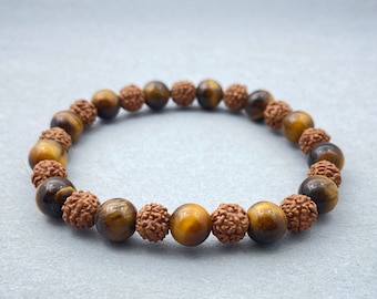 Rudraksha & Yellow Tiger's Eye Bracelet, Beaded Bracelet, Gift for Her, Gemstone Bracelet, Healing Bracelet, Friendship Bracelet, 8mm Beads