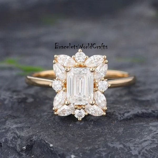 Emerald Cut Moissanite engagement ring vintage unique Cluster rose gold engagement ring women diamond wedding Bridal art deco Anniversary