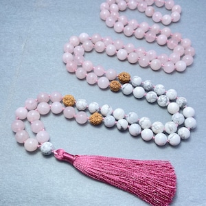 Rose Quartz, Howlite & Rudraksha Mala, Prayer Necklace, Tibetan Mala, Knotted Mala Necklace, 8mm Bead Mala, 108 Bead Mala, Yoga, Mantra Mala