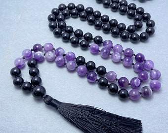 Mala anudado a mano de amatista y obsidiana, collar de oración 108, collar con borlas, japa mala, mala budista, mala de oración, collar de canto