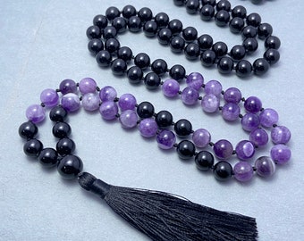 108 Beads Mala Necklace-Amethyst Lace & Obsidian Grounding Healing Tassel Necklace-Spiritual Protection Meditation Mental Health Necklace